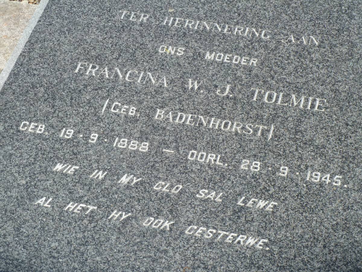 TOLMIE Francina W.J. nee BADENHORST 1888-1945