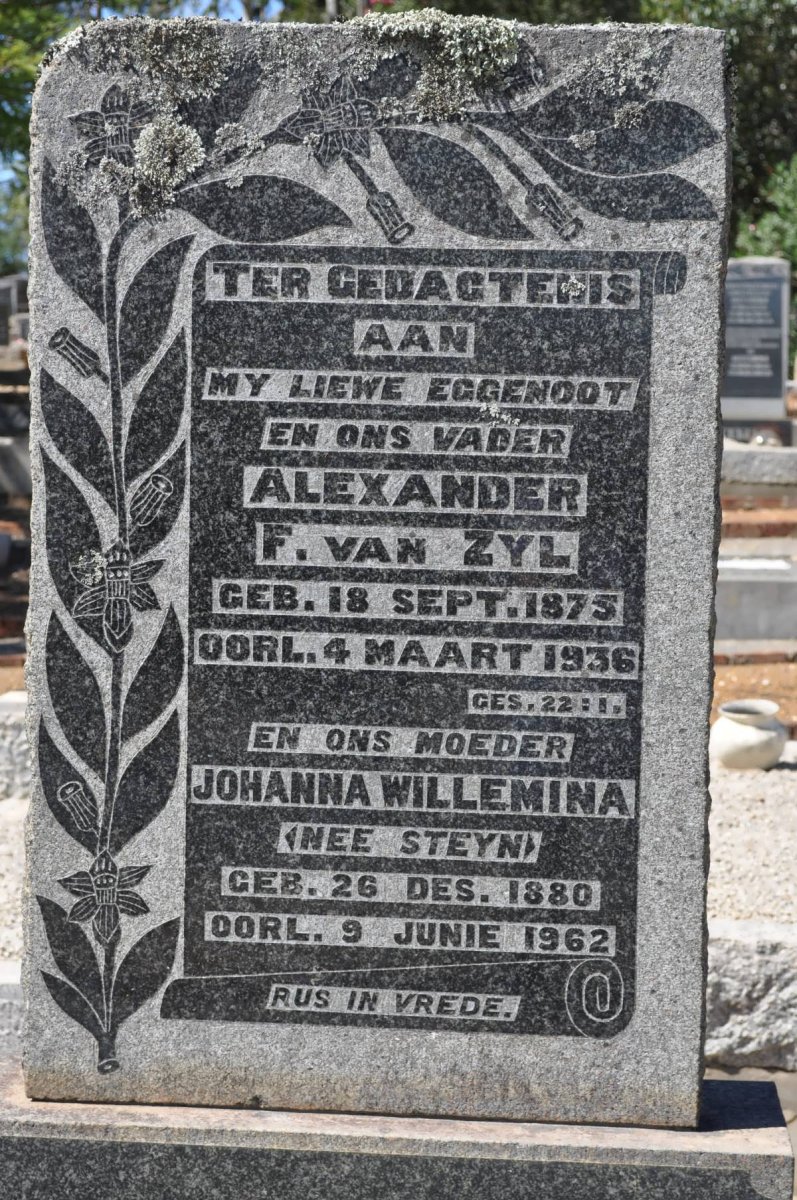ZYL Alexander F., van 1875-1936 &amp; Johanna Willemina STEYN 1880-1962