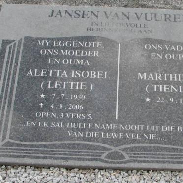VUUREN Marthinus, jansen van 1927- &amp; Aletta Isobel 1930-2006