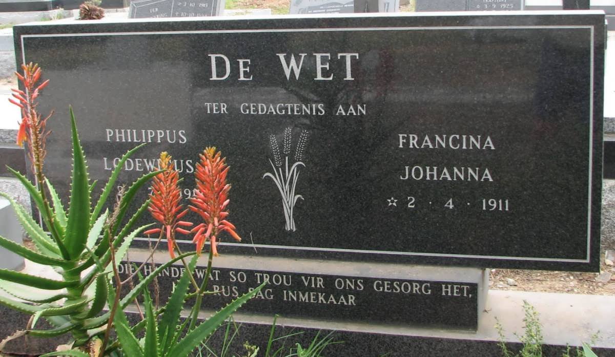 WET Philippus Lodewicus, de &amp; Francina Johanna 1911-