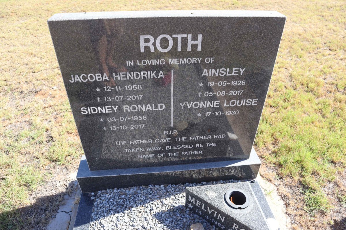 ROTH Ainsley 1926-2017 & Yvonne Louis 1930- :: ROTH Sidney Ronald 1956-2017 & Jacoba Hendrika 1958-2017 :: ROTH Melvin 1982-1982_1