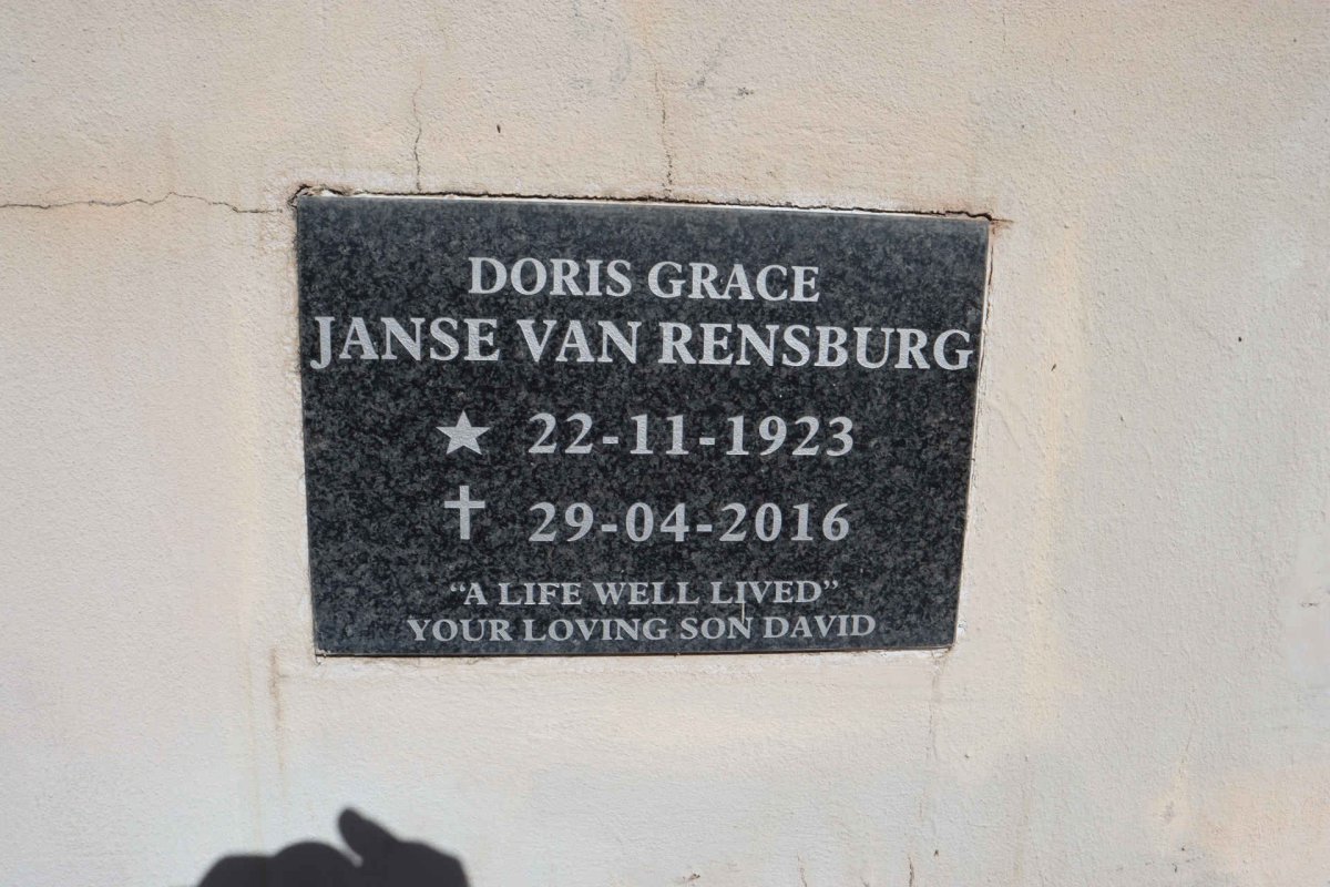 RENSBURG Doris Grace, Janse van 1923-2016