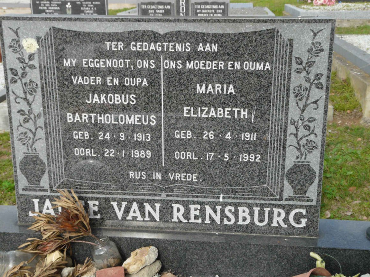 RENSBURG Jakobus Bartholomeus, Janse van 1913-1989 &amp; Maria Elizabeth 1911-1992