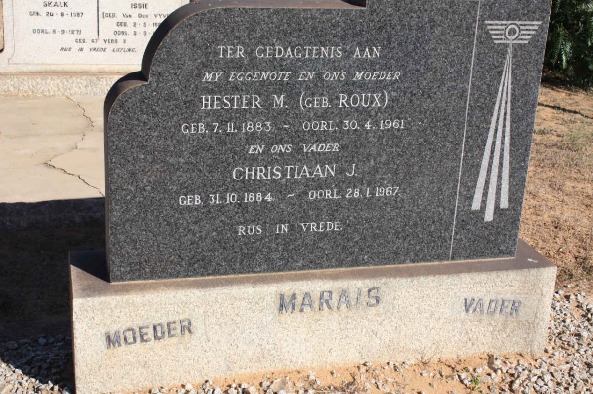 MARAIS Christiaan J. 1884-1967 &amp; Hester M. ROUX 1883-1961