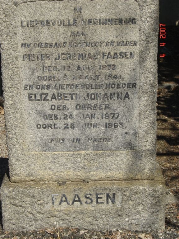 FAASEN Pieter Jeremias 1873-1941 &amp; Elizabeth Johanna GERBER 1877-1963