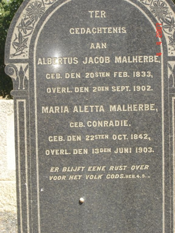 MALHERBE Albertus Jacob 1833-1902 &amp; Maria Aletta CONRADIE 1842-1903