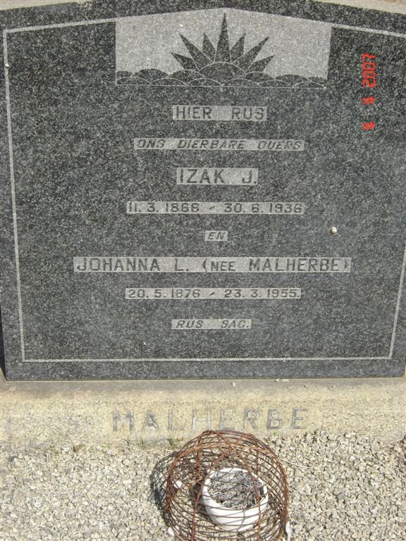 MALHERBE Izak J. 1866-1936 &amp; Johanna L. MALHERBE 1876-1955