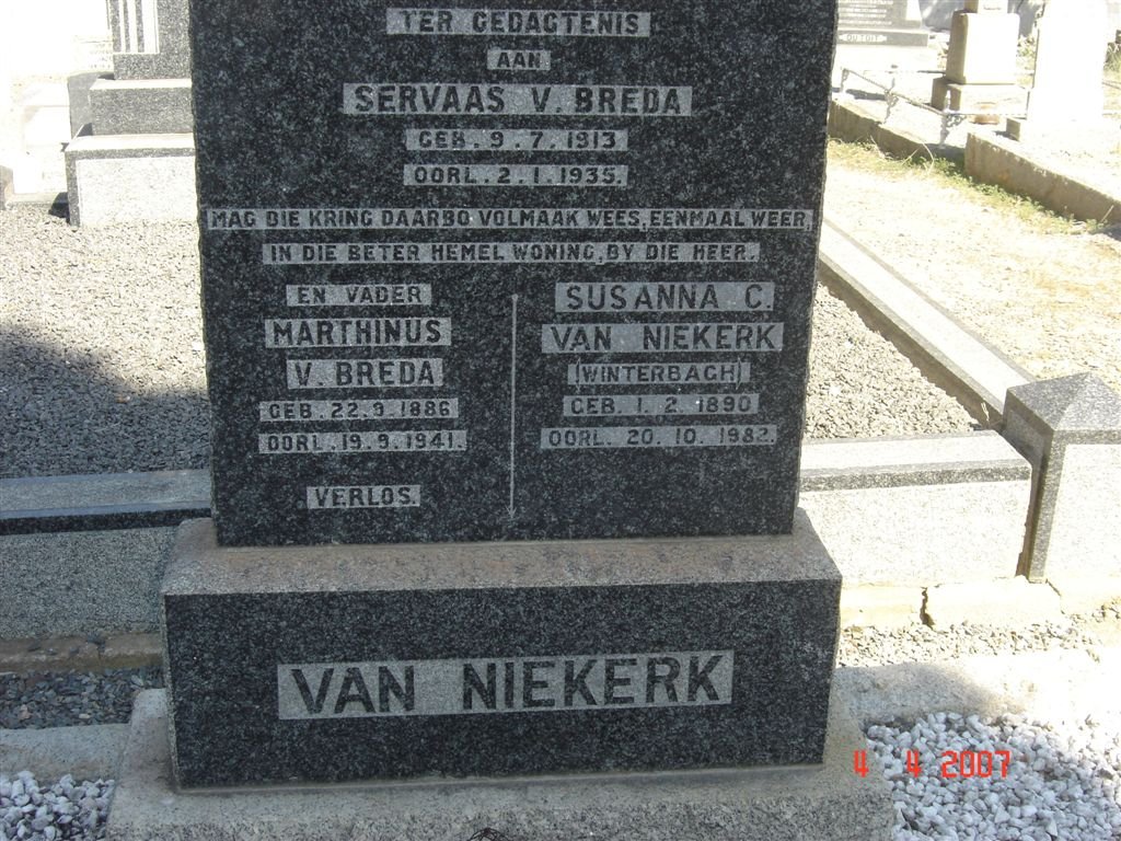 NIEKERK Marthinus v. Breda, van 1886-1941 &amp; Susanna C. WINTERBACH 1890-1982 :: VAN NIEKERK Servaas v. Breda  1913-1935