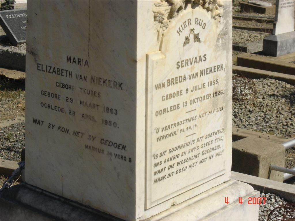 NIEKERK Servaas van Breda, van 1855-1926 &amp; Maria Elizabeth TEUBES 1863-1950