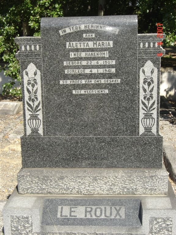 ROUX Aletta Maria, le nee HANEKOM 1907-1941