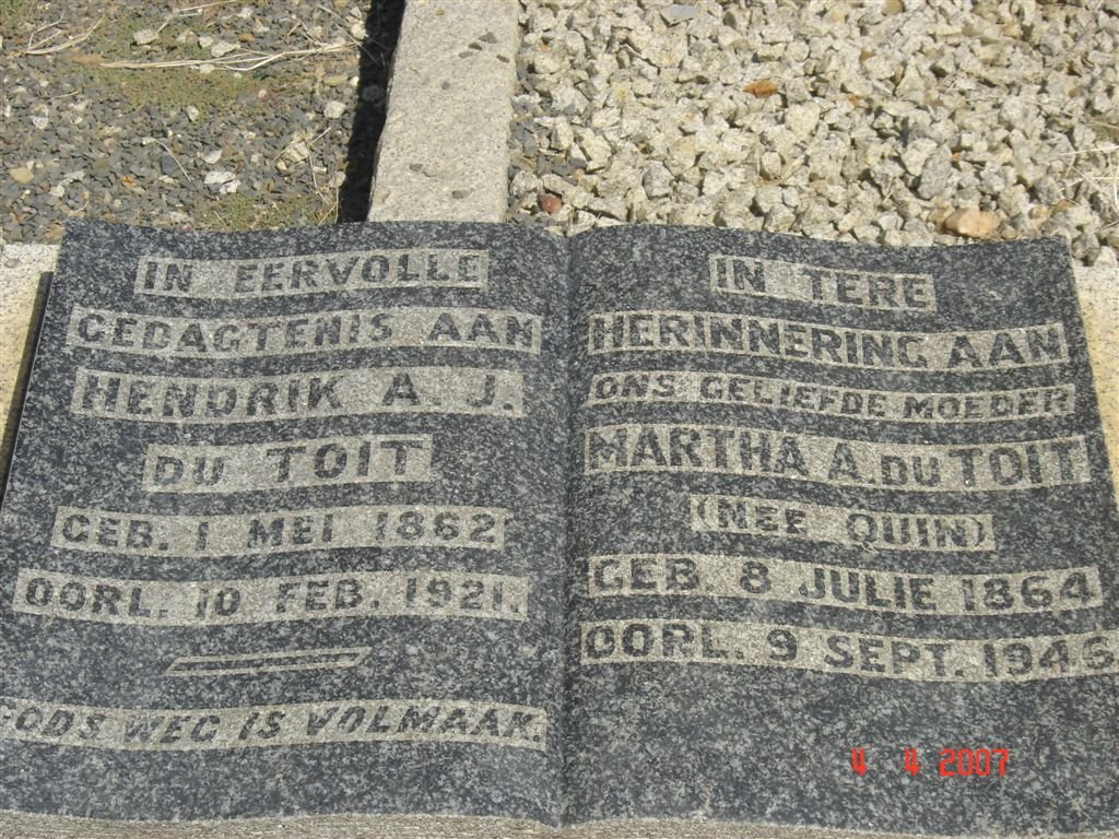 TOIT Hendrik A.J., du 1862-1921 &amp; Martha A. QUIN 1864-1946
