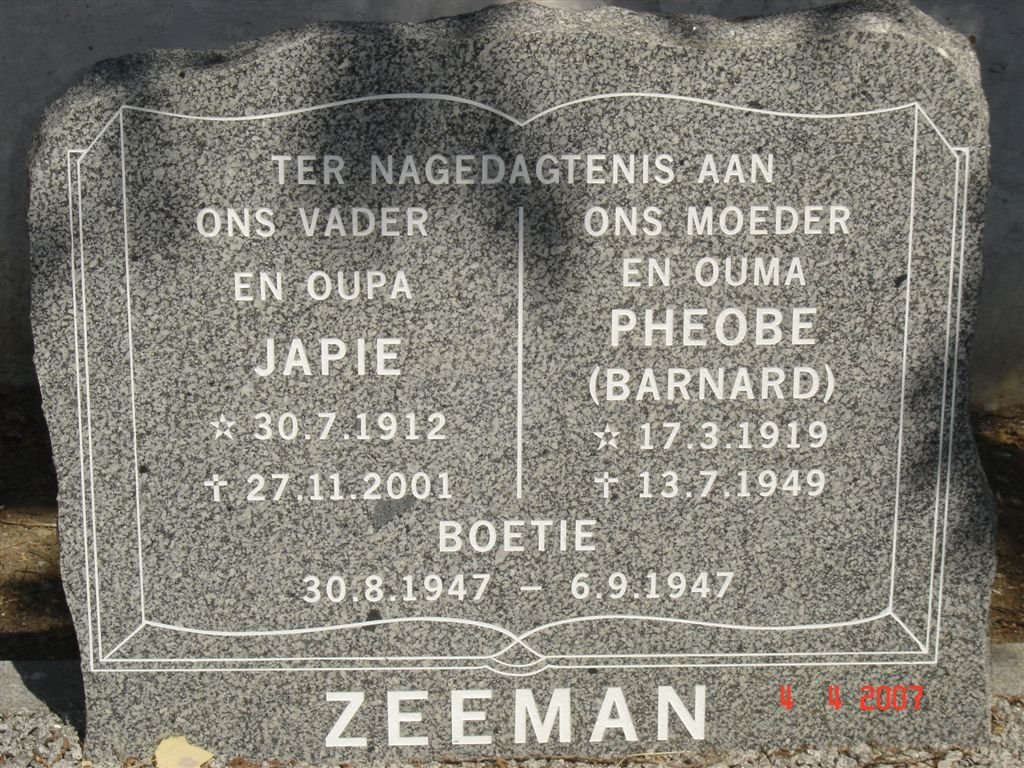 ZEEMAN Japie 1912-2001 &amp; Pheobe BARNARD 1919-1949 :: ZEEMAN Boetie  1947-1947