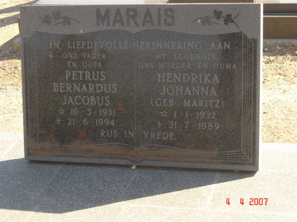 MARAIS Petrus Bernardus Jacobus 1931-1994 &amp; Hendrika Johanna MARITZ 1932-1989