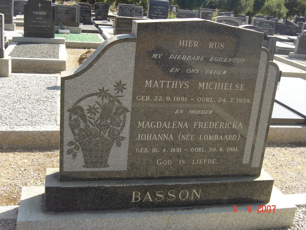 BASSON Matthys Michielse 1891-1959 &amp; Magdalena Fredericka Johanna LOMBAARD 1891-1981