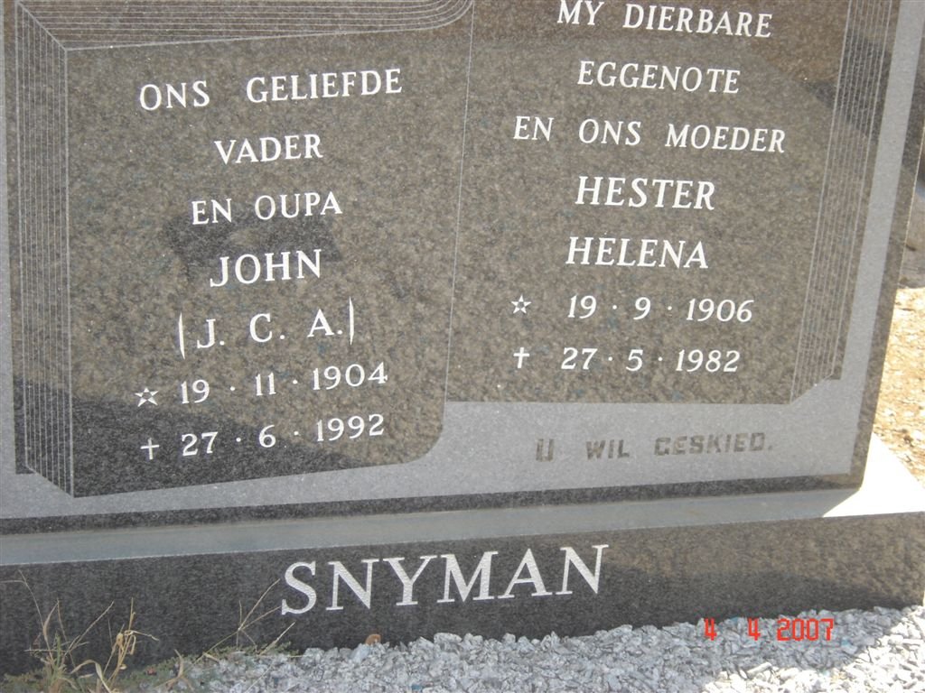 SNYMAN J.C.A. 1904-1992 &amp; Hester Helena 1906-1982