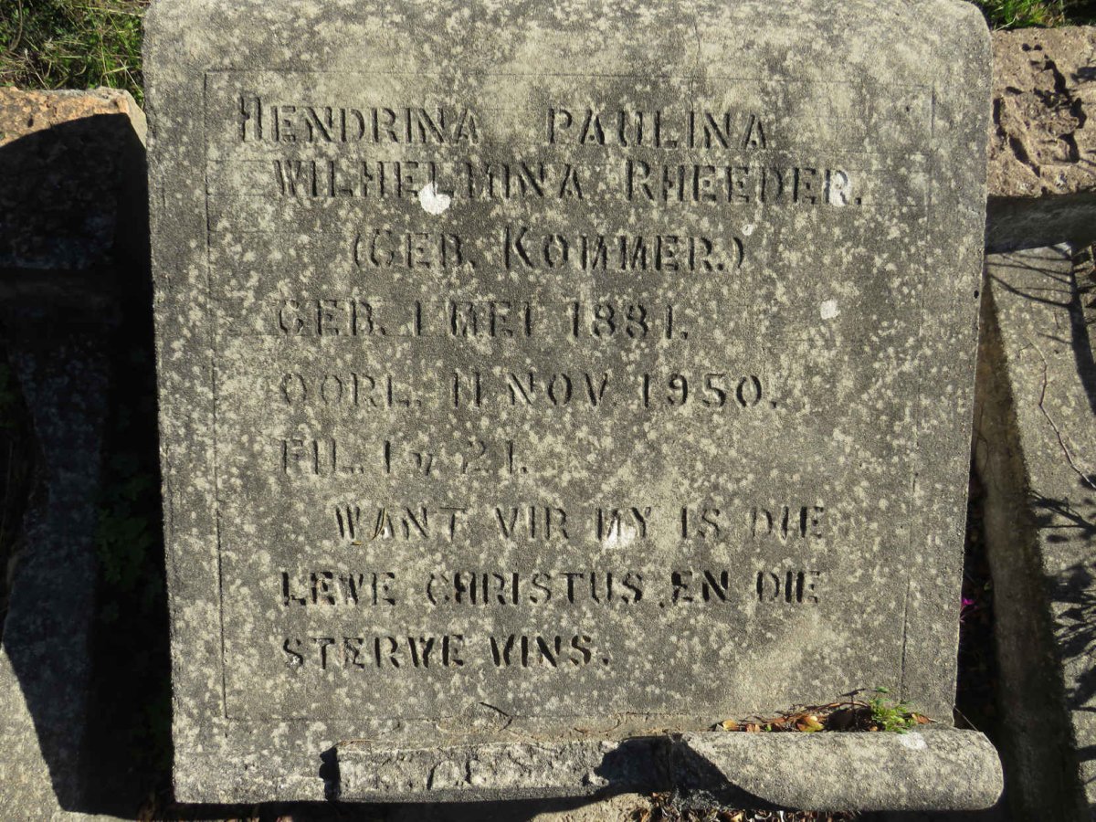 RHEEDER Hendrina Paulina Wilhelmina, nee KOMMER 1881-1950