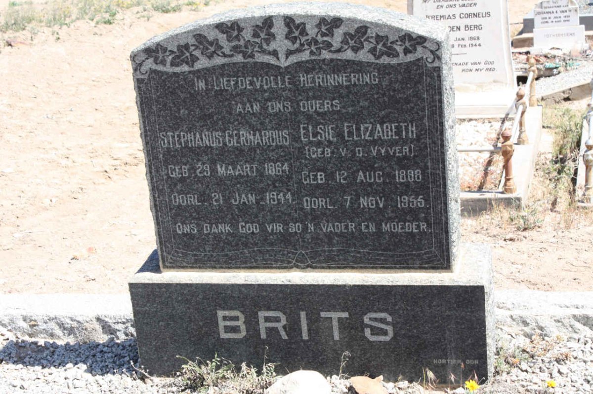 BRITS Stephanus Gerhardus 1864-1944 &amp; Elsie Elizabeth V.D. VYVER 1888-1955