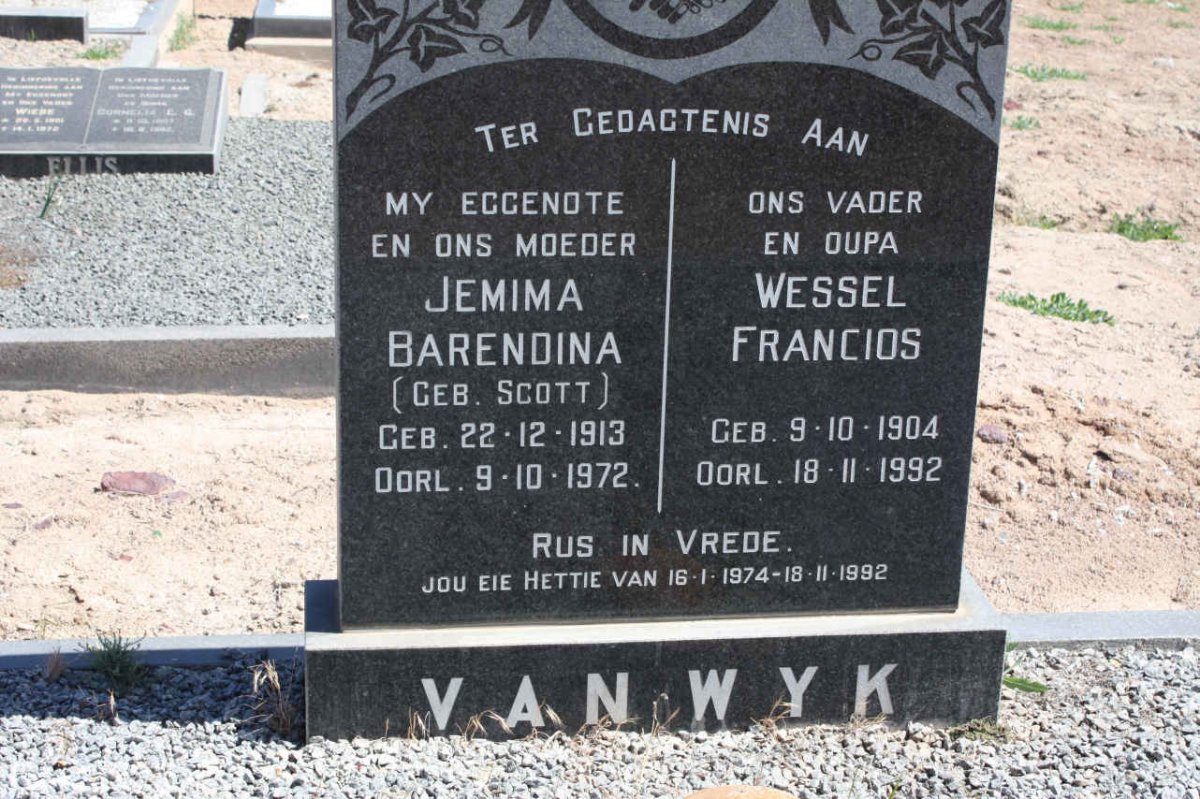 WYK Wessel Francios 1904-1992 &amp; Jemima Barendina SCOTT 1913-1972