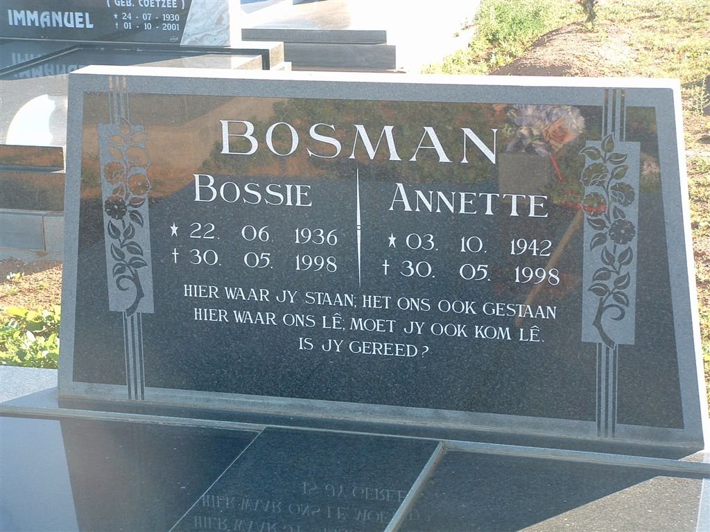 BOSMAN Bossie 1936-1998 &amp; Annette 1942-1998