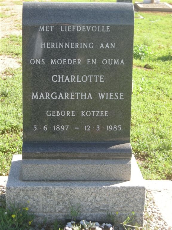 WIESE Charlotte Margaretha nee KOTZEE 1897-1985