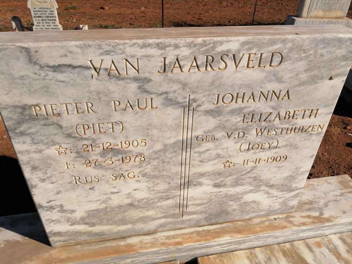 JAARSVELD Pieter Paul, van 1905-1978 &amp; Johanna Elizabeth V.D. WESTHUIZEN 1909-