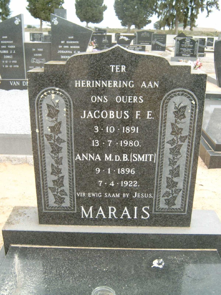 MARAIS Jacobus F.E. 1891-1980 &amp; Anna M. d.B. SMIT 1896-1922