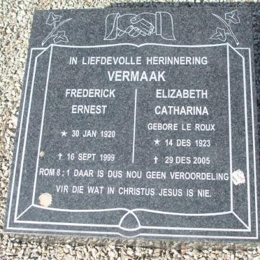 VERMAAK Frederick Ernest 1920-1999 &amp; Elizabeth Catharina LE ROUX 1923-2005