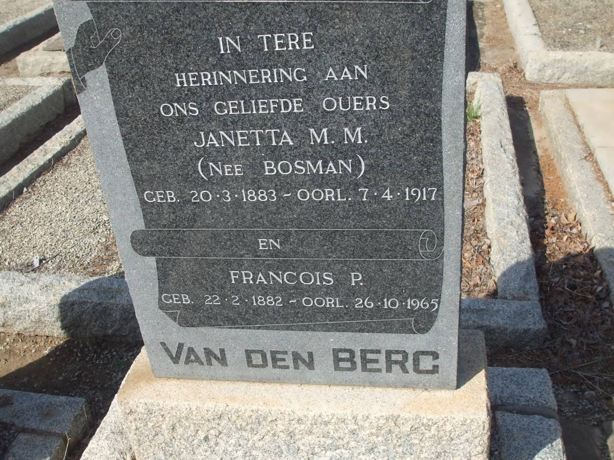 BERG Francois P., van den 1882-1965 &amp; Janetta M.M. BOSMAN 1883-1917