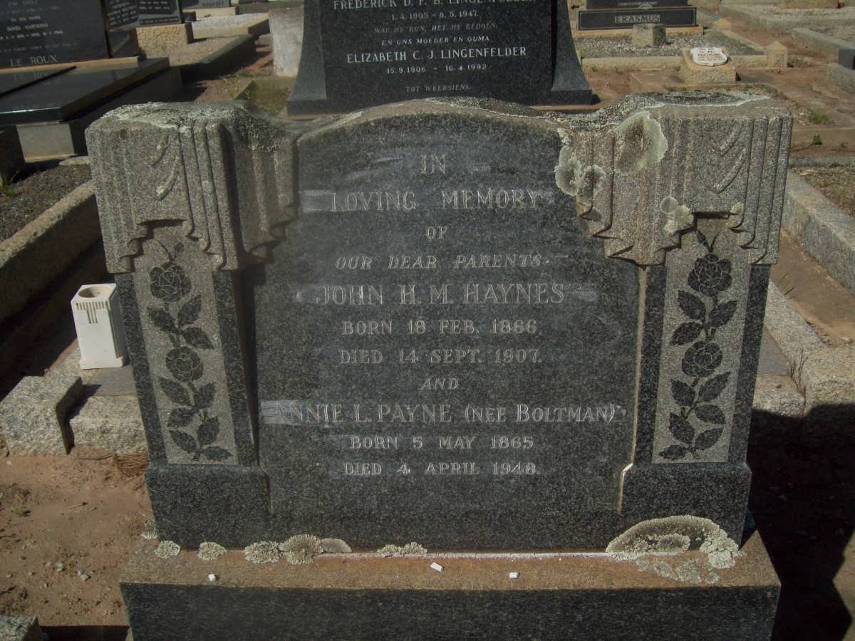 HAYNES John H.M. 1866-1917 &amp; Annie L. Payne BOLTMAN 1865-1948