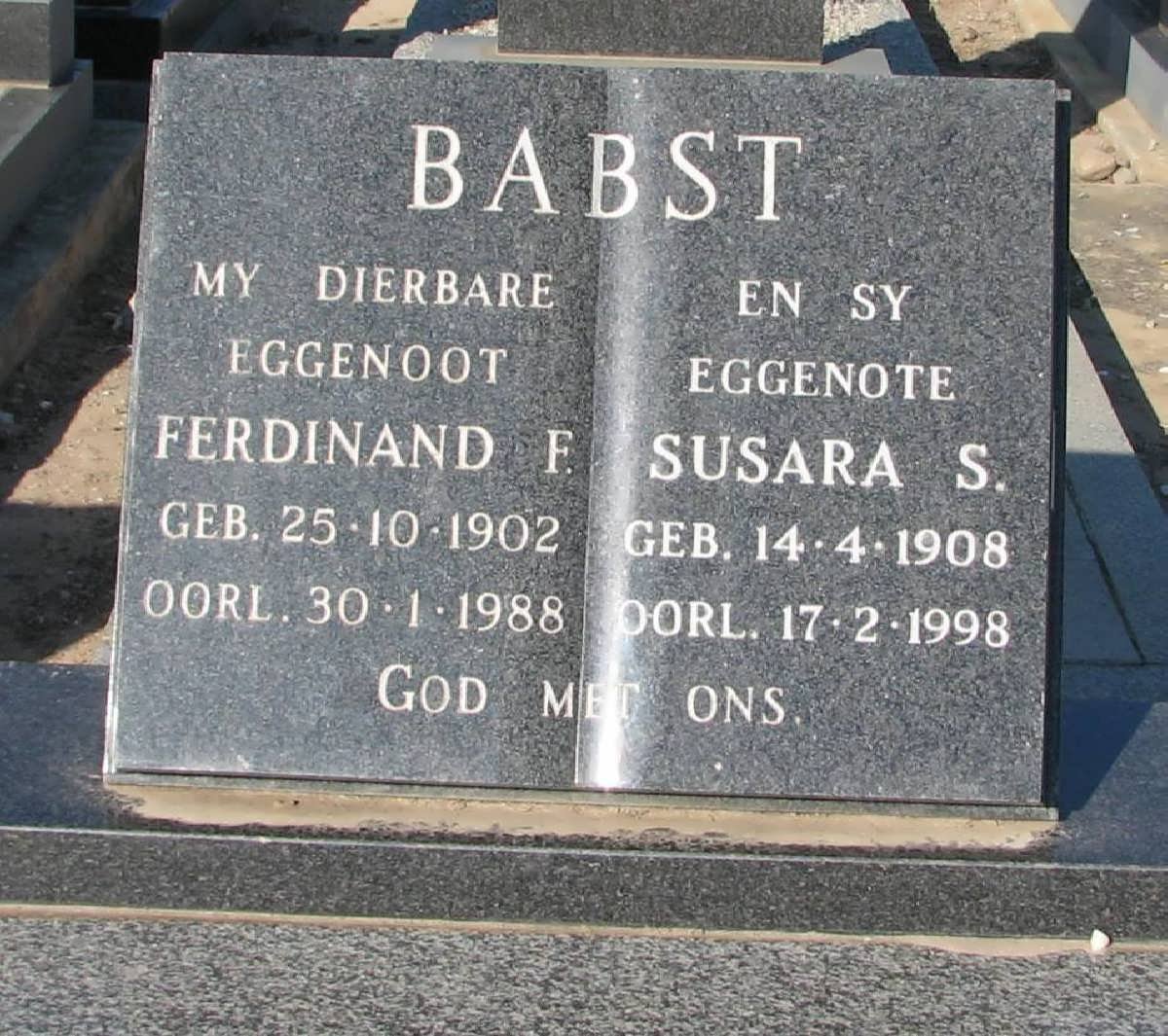 BABST Ferdinand F. 1902-1988 &amp; Susara S. 1908-1998