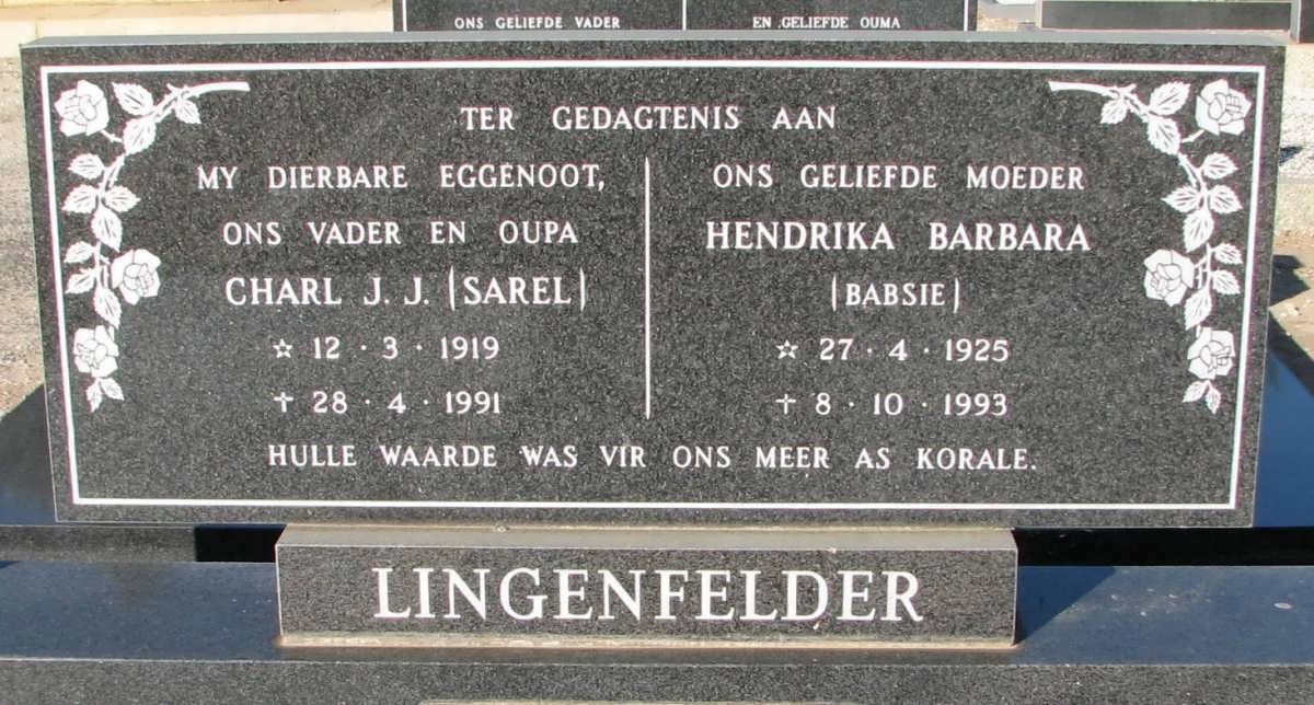 LINGENFELDER Charl J.J. 1919-1991 &amp; Hendrika Barbara 1925-1993