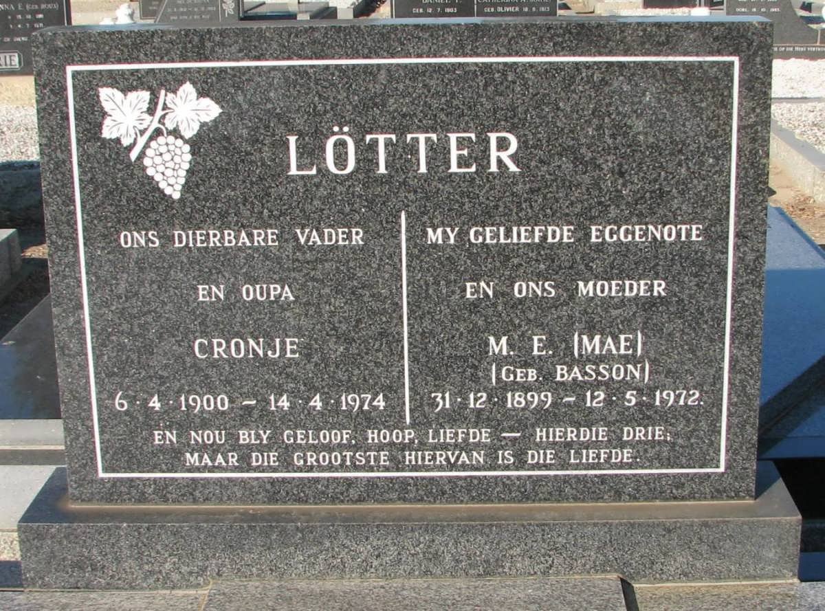 LOTTER Cronje 1900-1974 &amp; M.E. BASSON 1899-1972