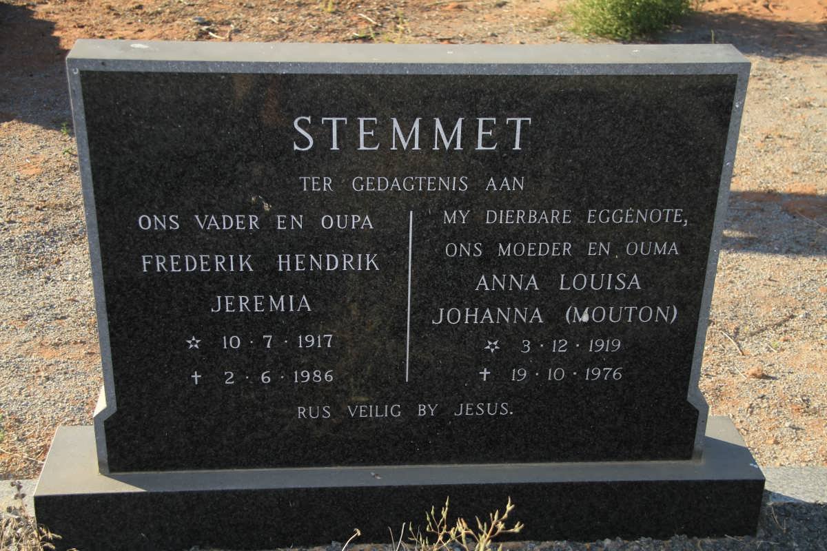 STEMMET Frederik Hendrik Jeremia 1917-1986 &amp; Anna Louisa Johanna MOUTON 1919-1976