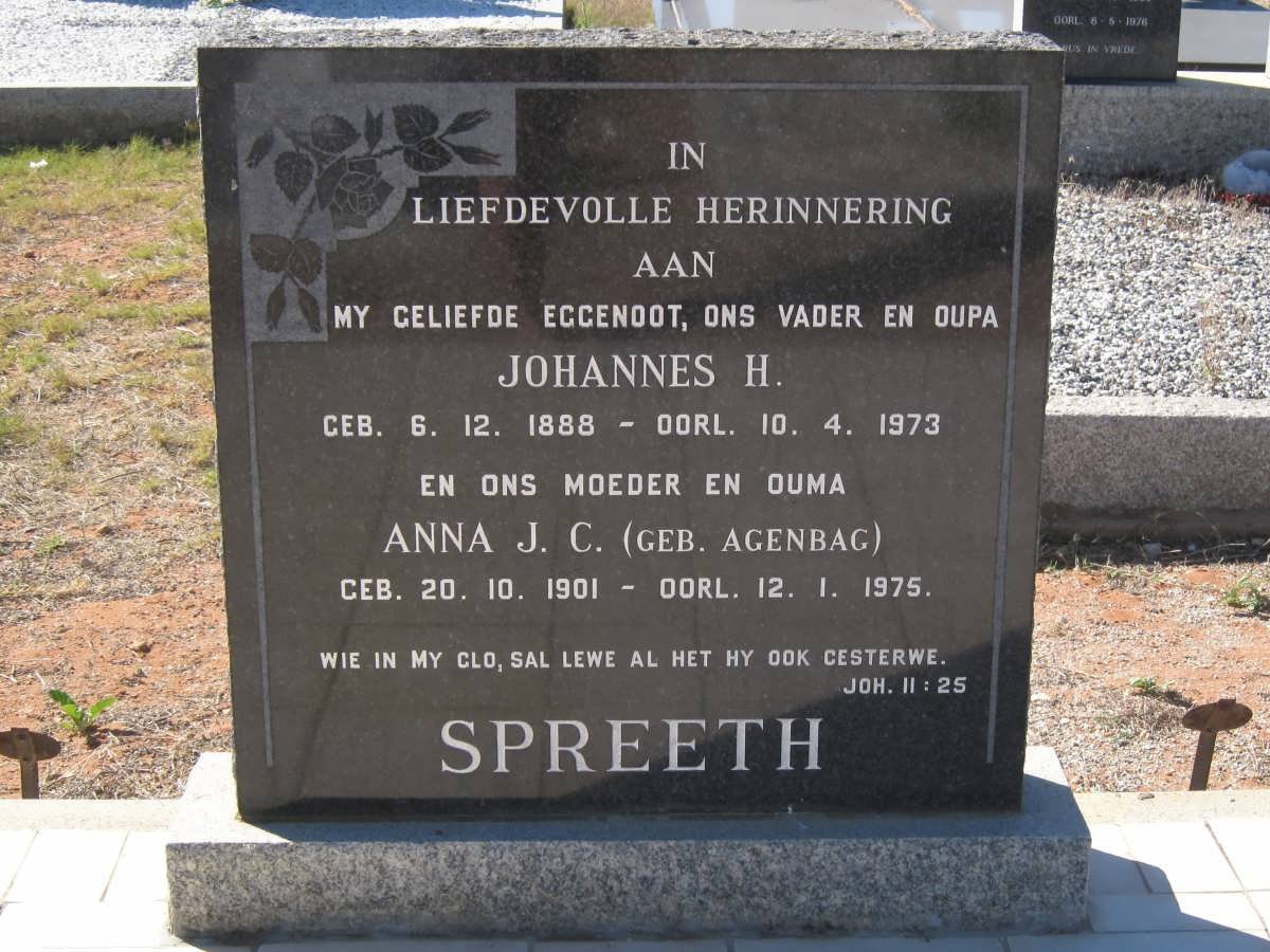 SPREETH Johannes H. 1888-1973 &amp; Anna J.C. AGENBAG 1901-1975