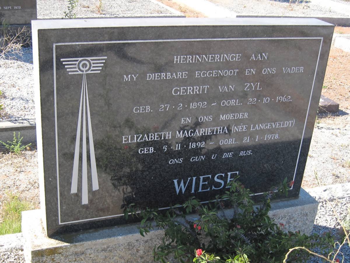 WIESE Gerrit Van Zyl 1892-1962 &amp; Elizabeth Magrietha  LANGEVELDT 1892-1978