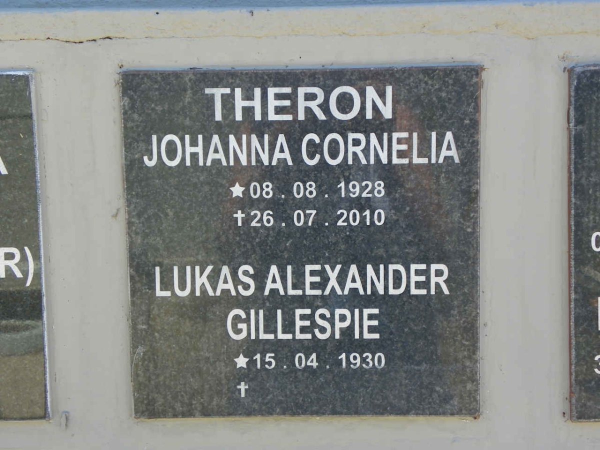 THERON Lukas Alexander Gillespie 1930- &amp; Johanna Cornelia 1928-2010