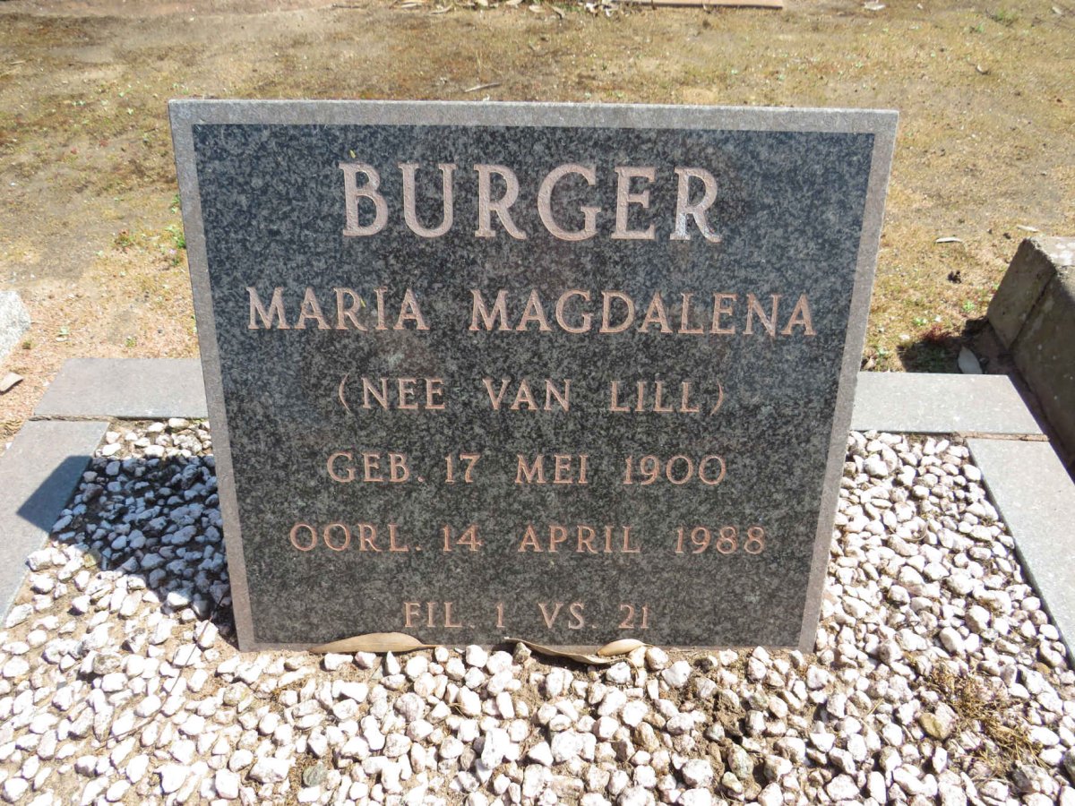 BURGER Maria Magdalena nee VAN LILL 1900-1988