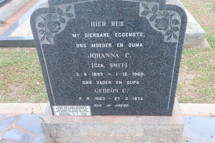 BESTER Gedeon C. 1883-1975 &amp; Johanna C. SMIT 1893-1968 :: VAN DER BERG Huibrecht Aletta nee BESTER 1918-1998