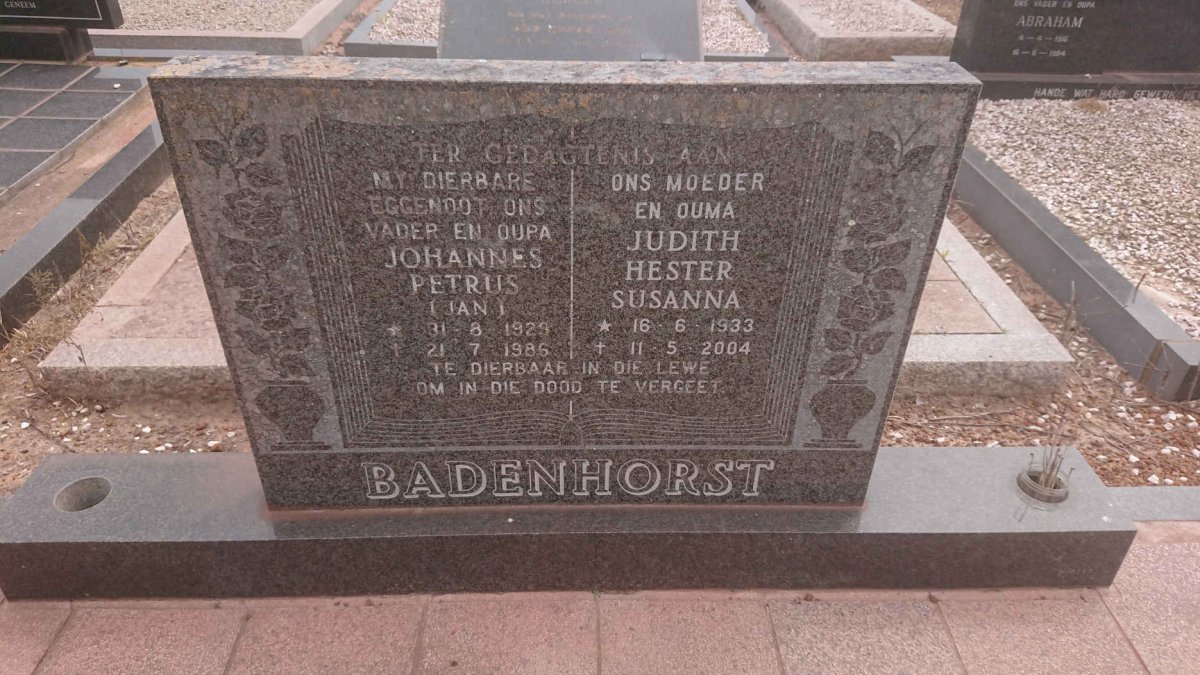 BADENHORST Johannes Petrus 1929-1986 &amp; Judith Hester Susanna 1933-2004