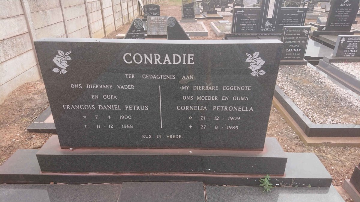CONRADIE Francois Daniel Petrus 1900-1988 &amp; Cornelia Petronella 1909-1985