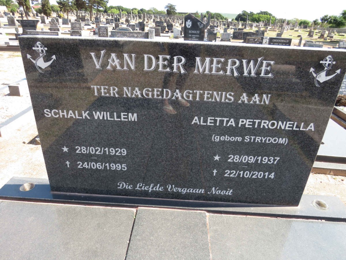 MERWE Schalk Willem, van der 1929-1995 &amp; Aletta Petronella STRYDOM 1937-2014
