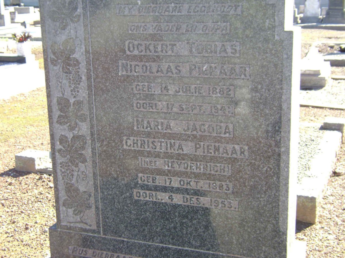 PIENAAR Ockert Tobias Nicolaas 1882-1941 &amp; Maria Jacoba Christina HEYDENRICH 1883-1953