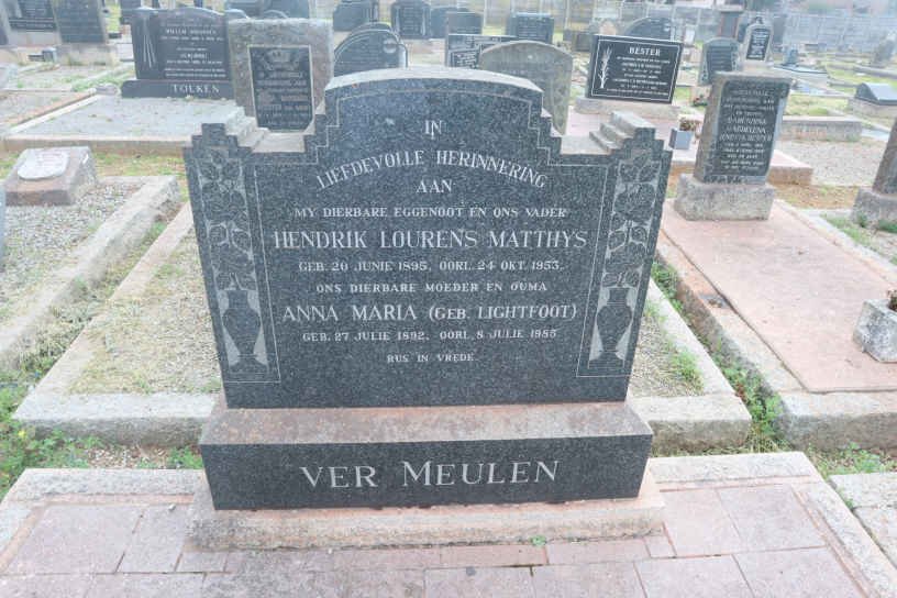 VER MEULEN Hendrik Lourens Matthys 1895-1953 &amp; Anna Maria LIGHTFOOT 1895-195?