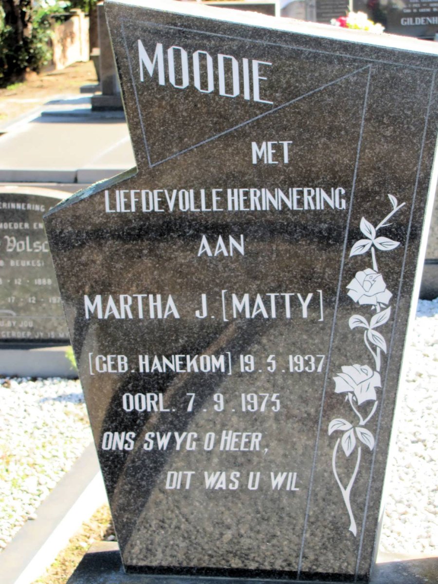 MOODIE Martha J. nee HANEKOM 1937-1975