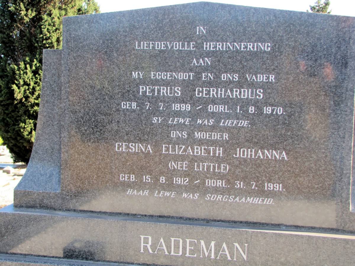 RADEMAN Petrus Gerhardus 1899-1970 &amp; Gesina Elizabeth Johanna LITTLE 1912-1991