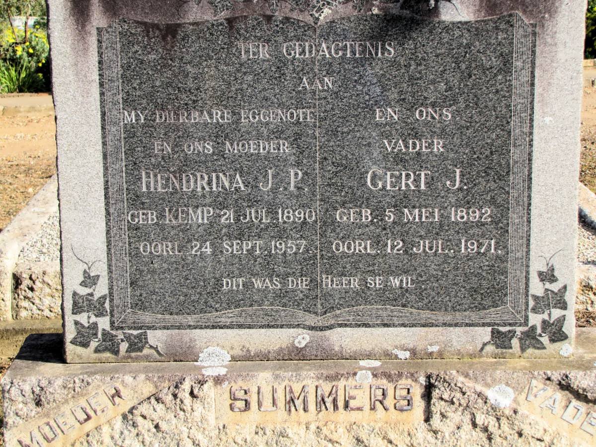 SUMMERS Gert J. 1892-1971 &amp; Hendrina J.P. KEMP 1890-1957