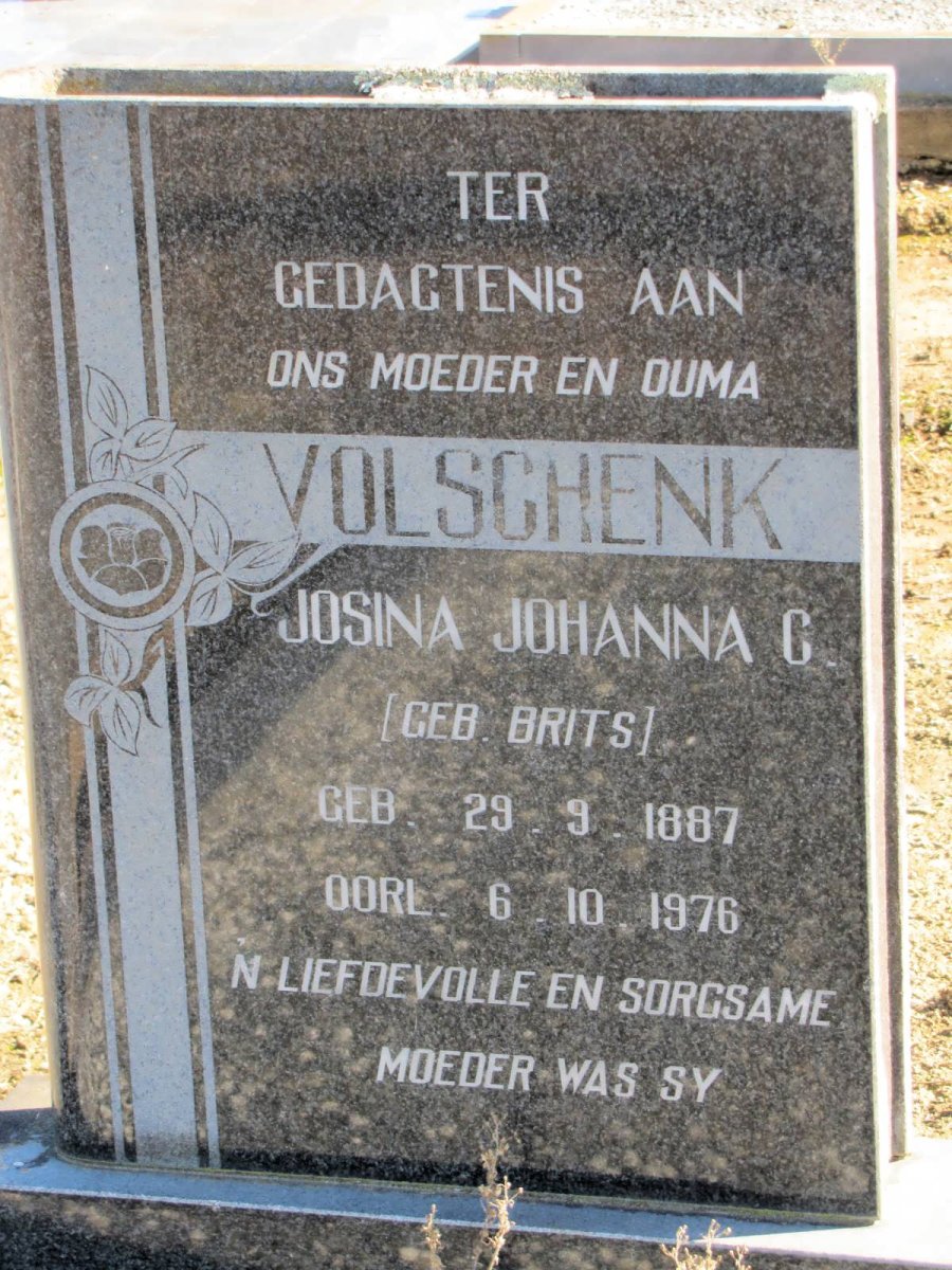 VOLSCHENK Josina Johanna C. nee BRITS 1887-1976
