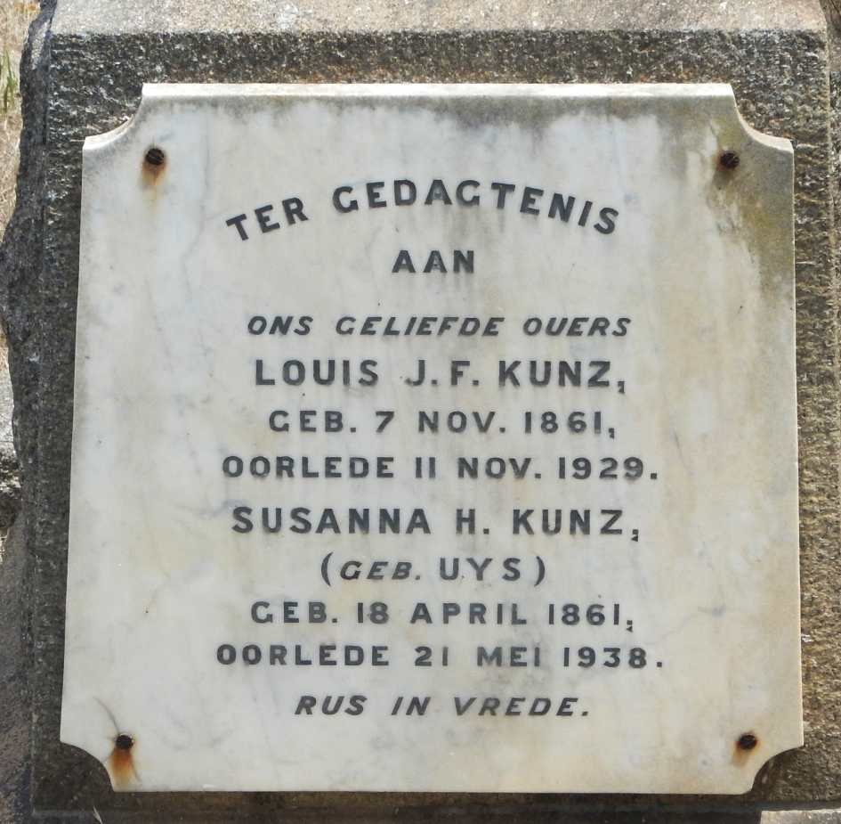 KUNZ Louis J.F. 1861-1929 &amp; Susanna H. UYS 1861-1938