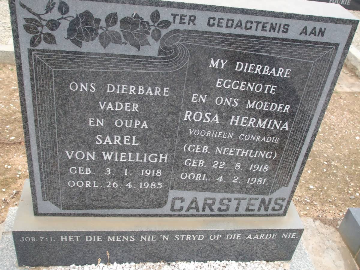 CARSTENS Sarel von Wielligh 1918-1985 &amp; Rosa Hermina voorheen CONRADIE nee NEETHLING 1918-1981