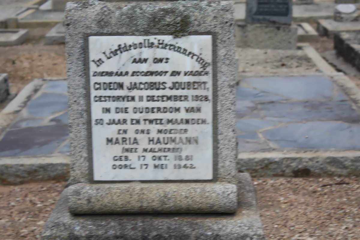 JOUBERT Gideon Jacobus -1929 &amp; Maria HAUMANN nee MALHERBE 1881-1942